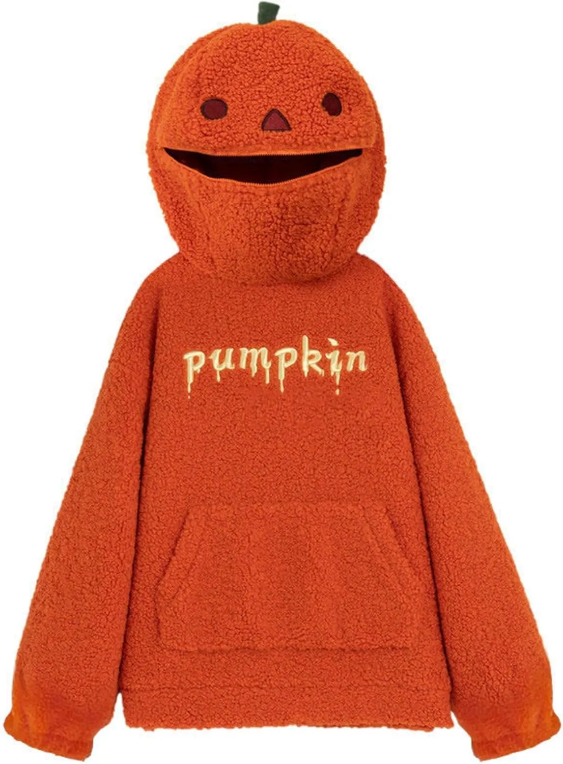Womens Cute Plush Halloween Hoodies 2024 Pumpkin Embroidery Fleece Sweatshirt Oversized Pullover Tops with Pocket