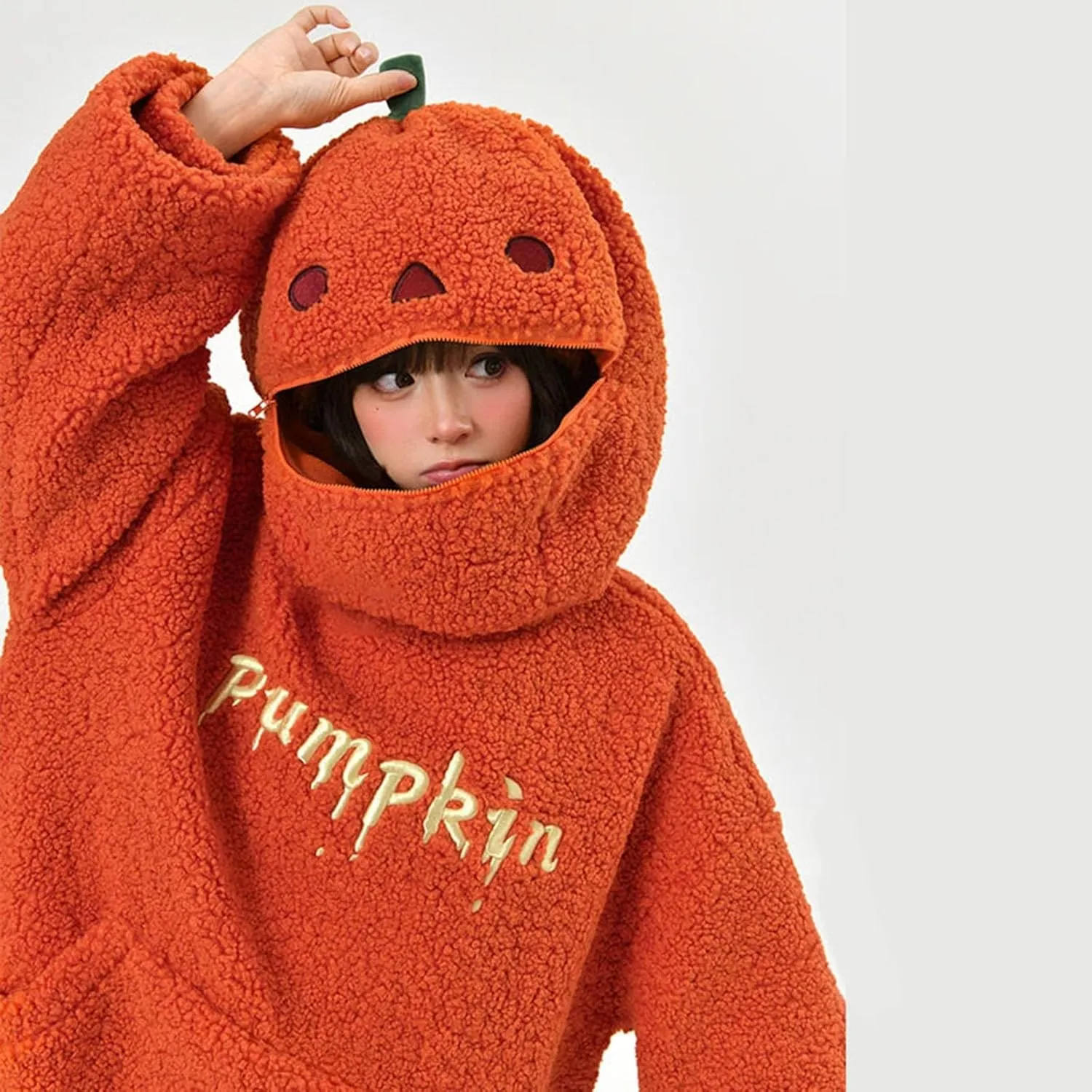 Womens Cute Plush Halloween Hoodies 2024 Pumpkin Embroidery Fleece Sweatshirt Oversized Pullover Tops with Pocket