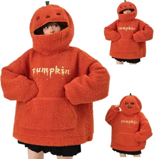 Womens Cute Plush Halloween Hoodies 2024 Pumpkin Embroidery Fleece Sweatshirt Oversized Pullover Tops with Pocket
