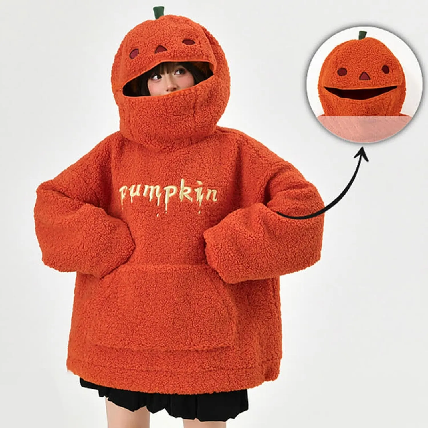 Womens Cute Plush Halloween Hoodies 2024 Pumpkin Embroidery Fleece Sweatshirt Oversized Pullover Tops with Pocket
