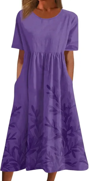 Womens Dresses Summer Short Sleeve Boho Floral Print Midi Dress Loose Casual Fashion Beach Sundresses