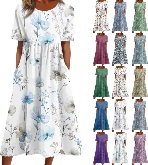 Womens Dresses Summer Short Sleeve Boho Floral Print Midi Dress Loose Casual Fashion Beach Sundresses