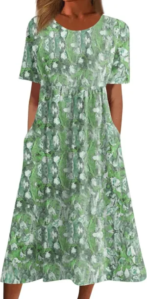 Womens Dresses Summer Short Sleeve Boho Floral Print Midi Dress Loose Casual Fashion Beach Sundresses
