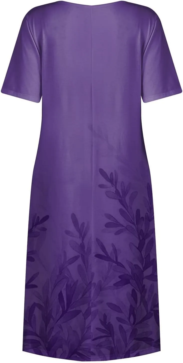 Womens Dresses Summer Short Sleeve Boho Floral Print Midi Dress Loose Casual Fashion Beach Sundresses