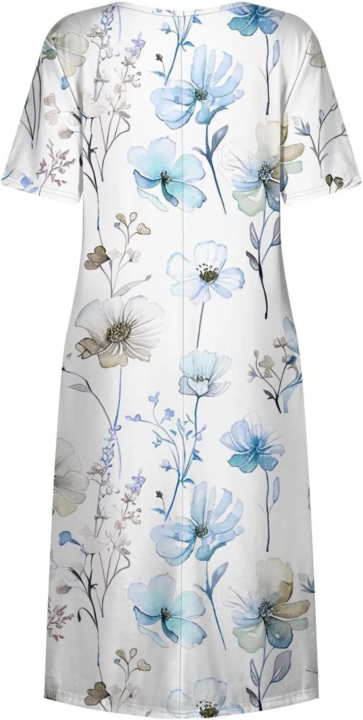 Womens Dresses Summer Short Sleeve Boho Floral Print Midi Dress Loose Casual Fashion Beach Sundresses