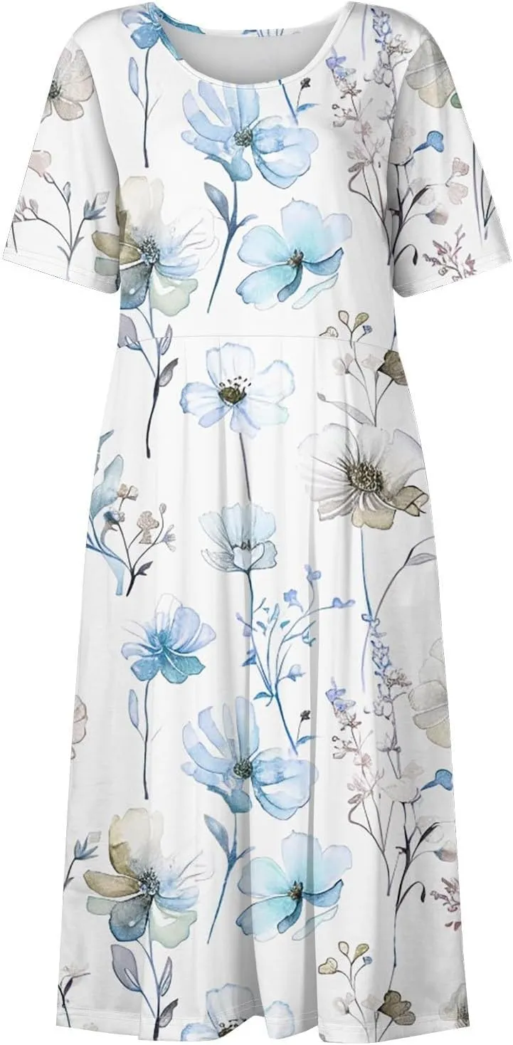 Womens Dresses Summer Short Sleeve Boho Floral Print Midi Dress Loose Casual Fashion Beach Sundresses