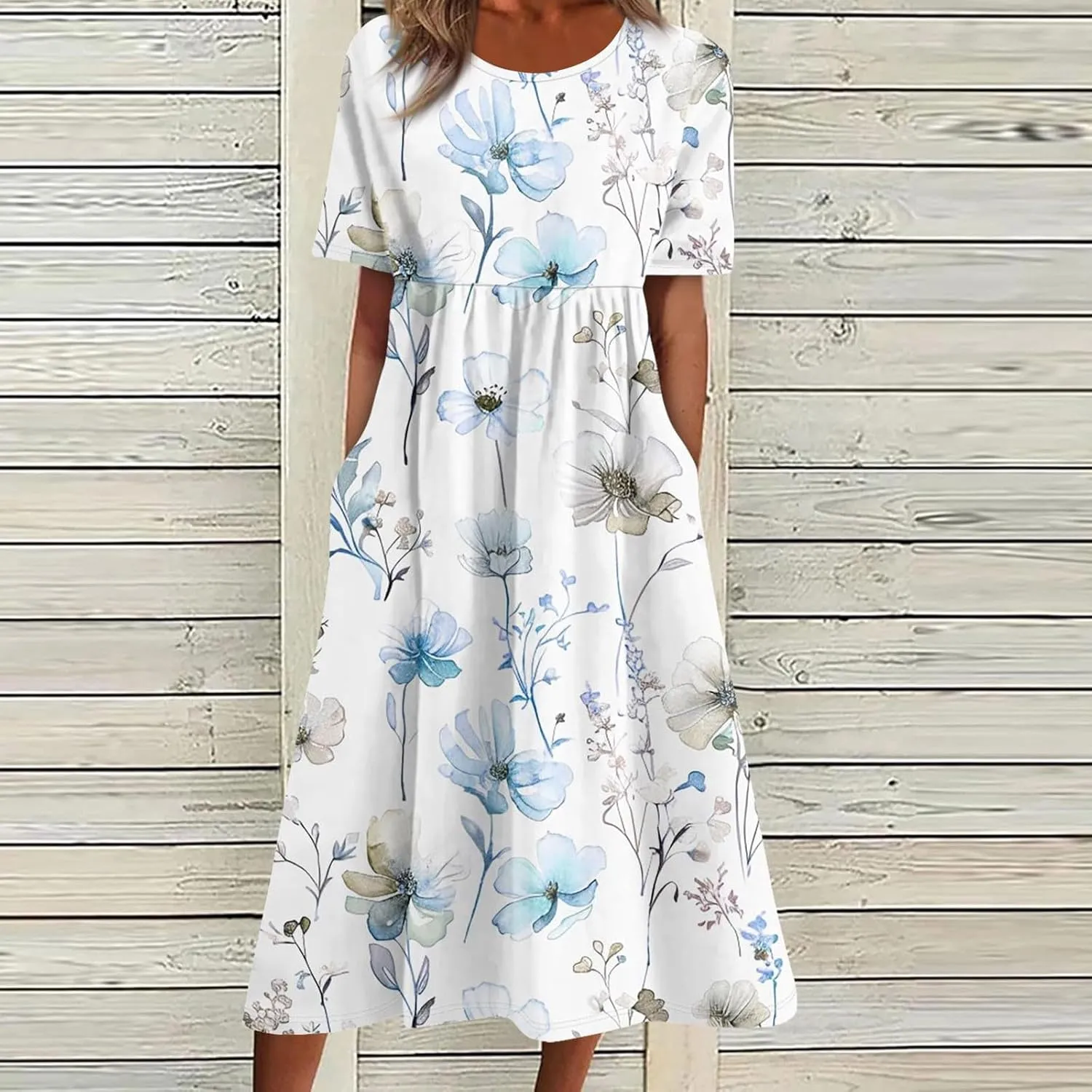 Womens Dresses Summer Short Sleeve Boho Floral Print Midi Dress Loose Casual Fashion Beach Sundresses