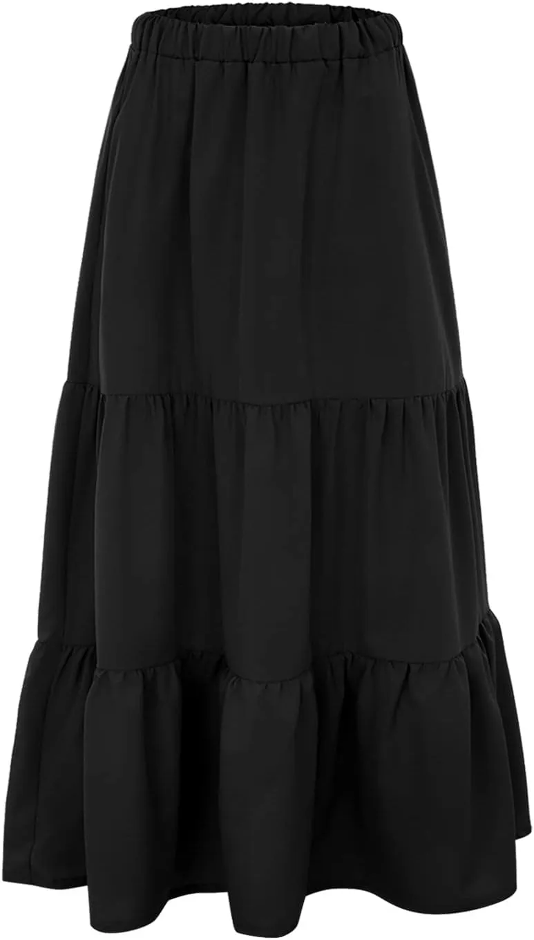 Women's Elastic Waist A-Line Flared Maxi Skirts Women Fashion Skirt Ladys High Waist Skirt Spring Long Floral