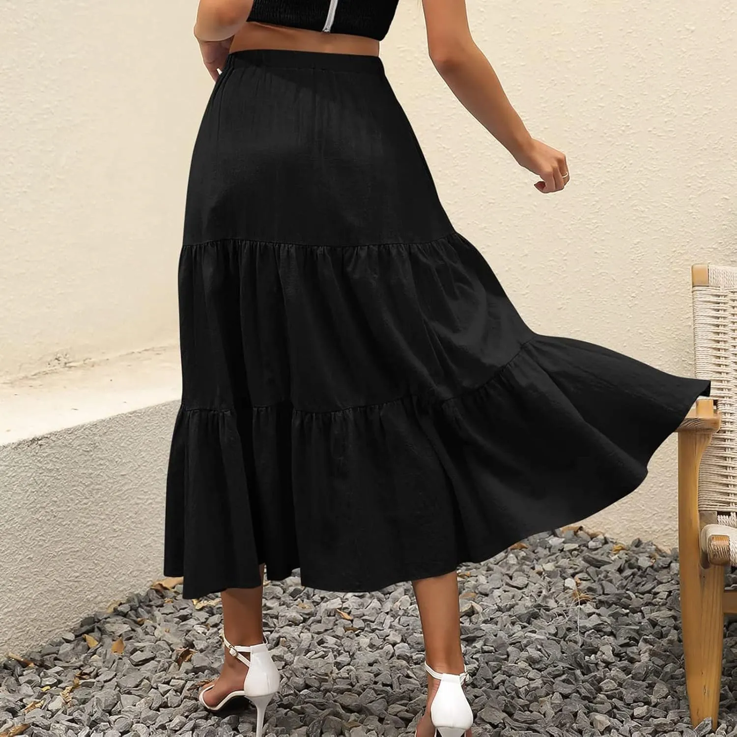 Women's Elastic Waist A-Line Flared Maxi Skirts Women Fashion Skirt Ladys High Waist Skirt Spring Long Floral