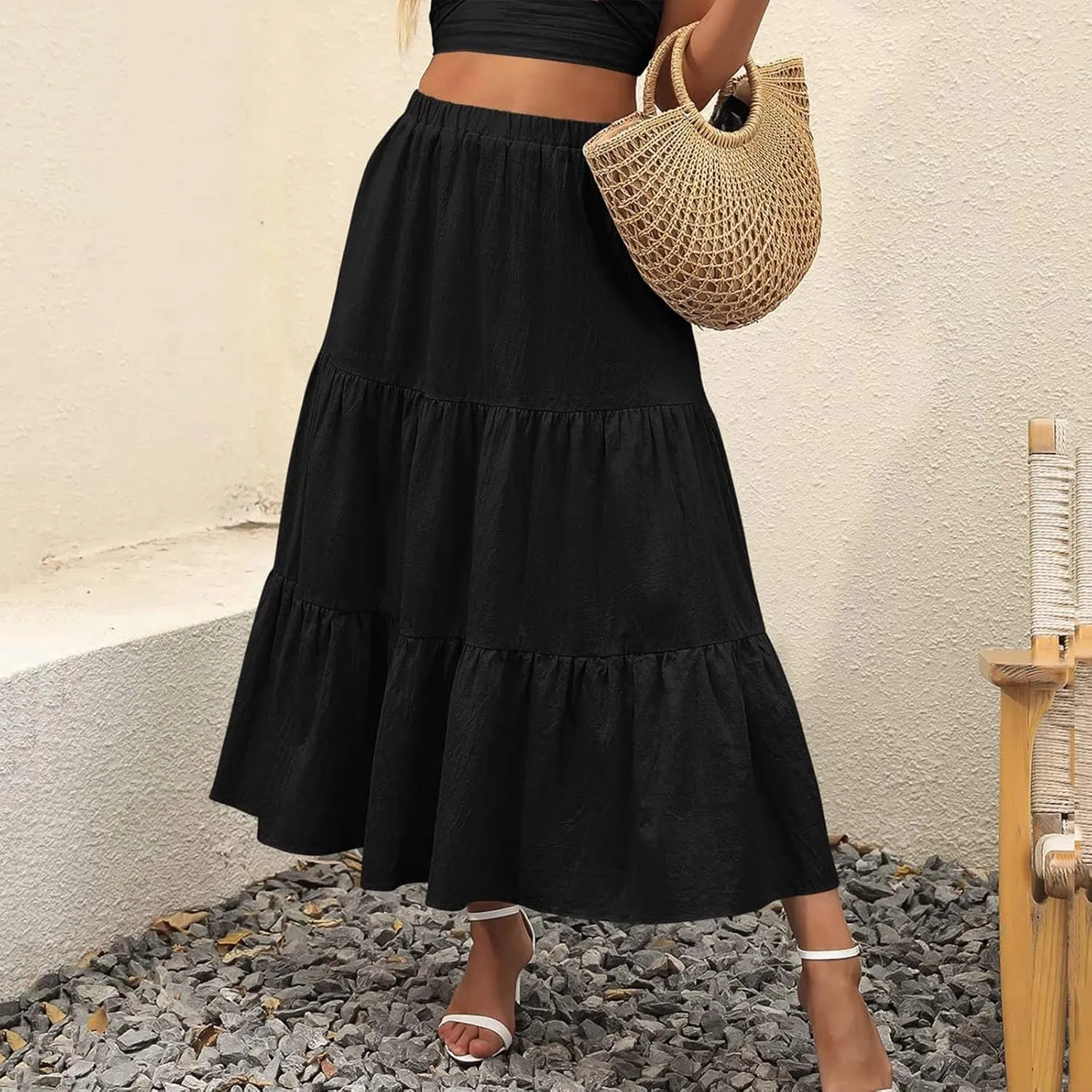Women's Elastic Waist A-Line Flared Maxi Skirts Women Fashion Skirt Ladys High Waist Skirt Spring Long Floral