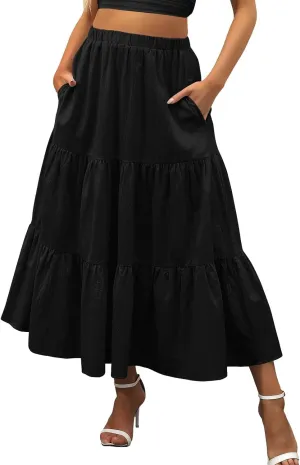 Women's Elastic Waist A-Line Flared Maxi Skirts Women Fashion Skirt Ladys High Waist Skirt Spring Long Floral