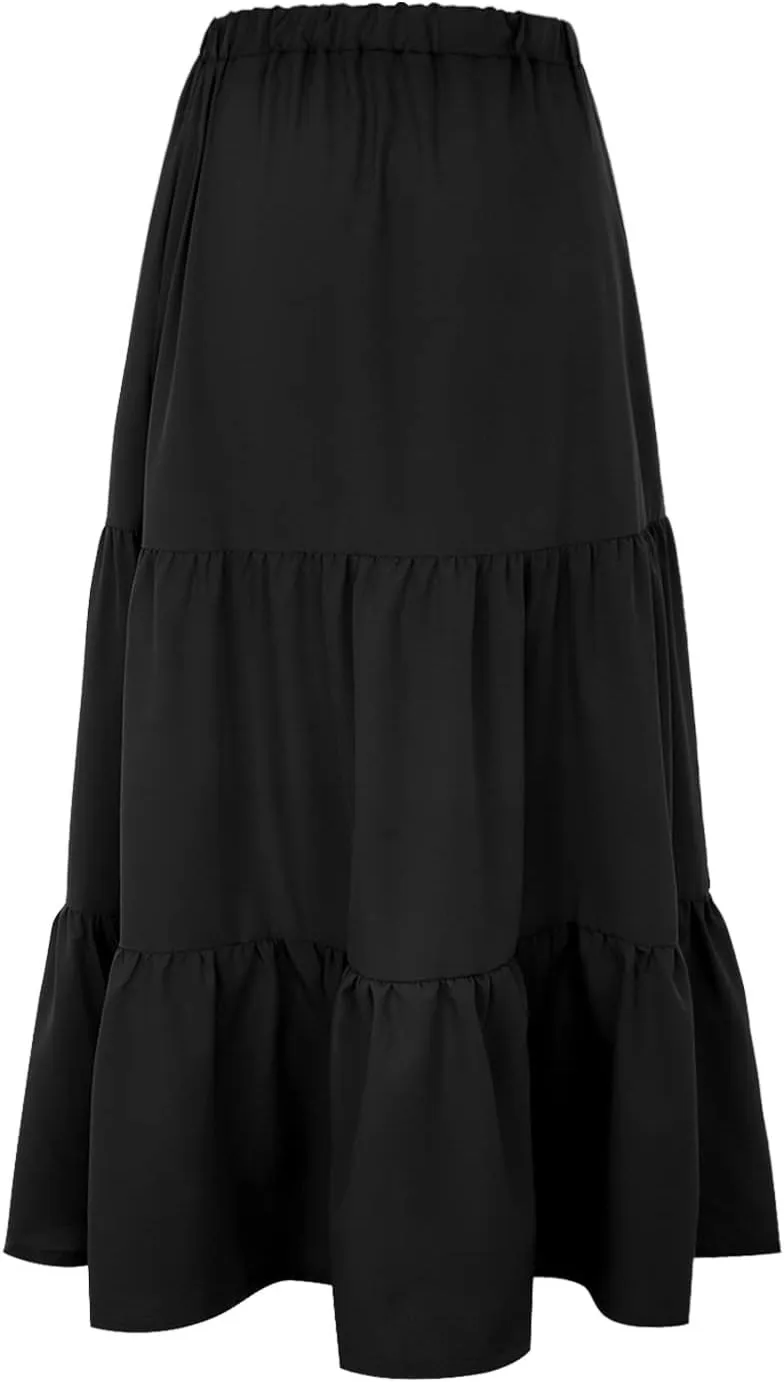 Women's Elastic Waist A-Line Flared Maxi Skirts Women Fashion Skirt Ladys High Waist Skirt Spring Long Floral