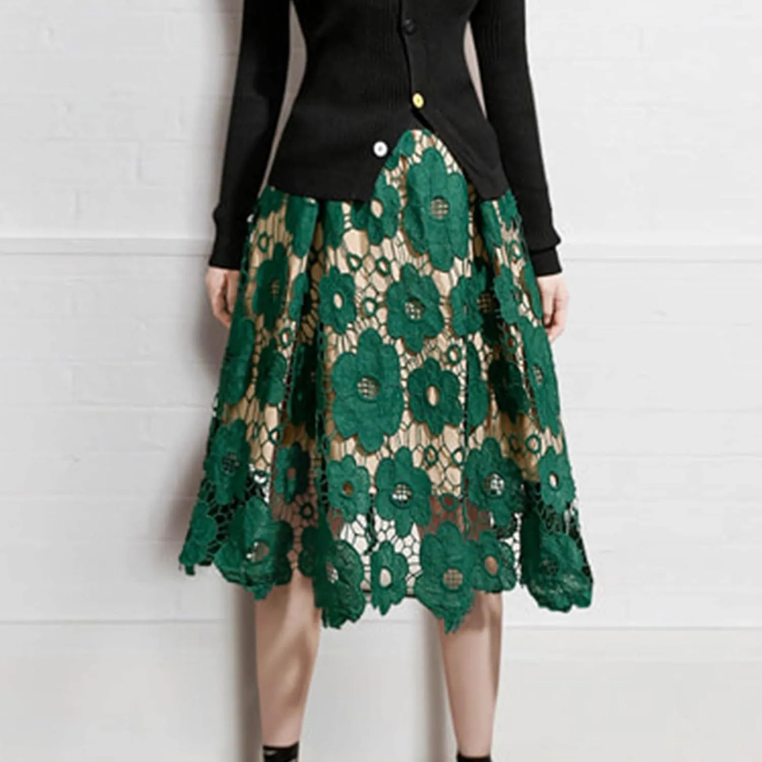 Women's Elegant Lace Skirt Ladies Vintage Knee Length Hollow-Out Floral Lace High Waisted A-Line Midi Long Skirt