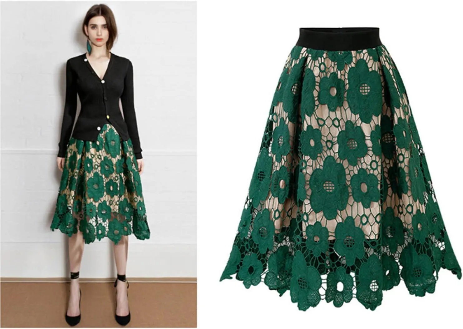 Women's Elegant Lace Skirt Ladies Vintage Knee Length Hollow-Out Floral Lace High Waisted A-Line Midi Long Skirt