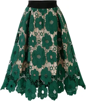 Women's Elegant Lace Skirt Ladies Vintage Knee Length Hollow-Out Floral Lace High Waisted A-Line Midi Long Skirt