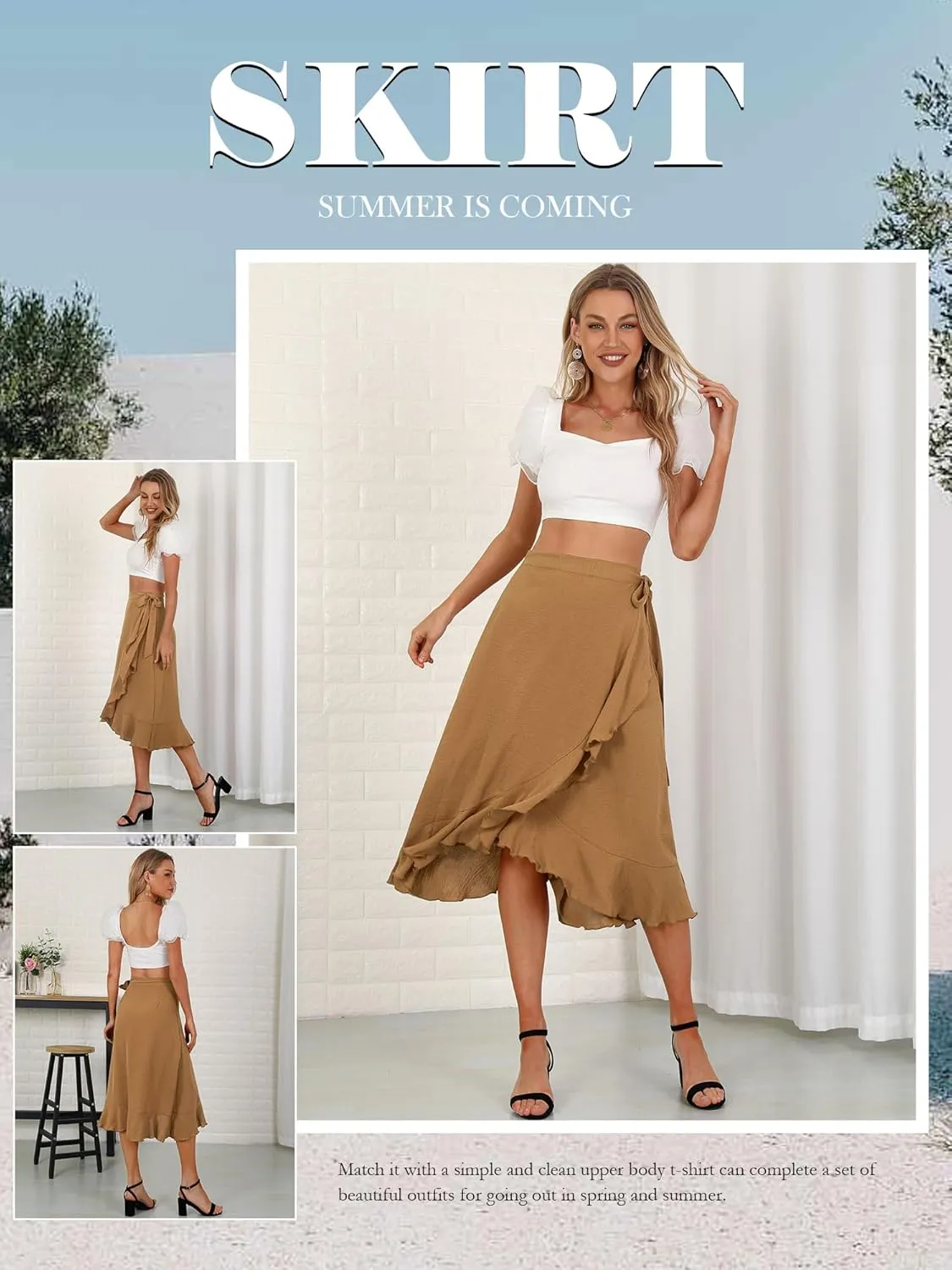 Women's Elegant Ruffle Wrap Asymmetrical Tie High Waist Long Skirt A-line Casual Loose Draped Flowy Skirts