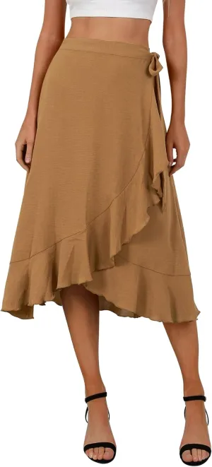 Women's Elegant Ruffle Wrap Asymmetrical Tie High Waist Long Skirt A-line Casual Loose Draped Flowy Skirts