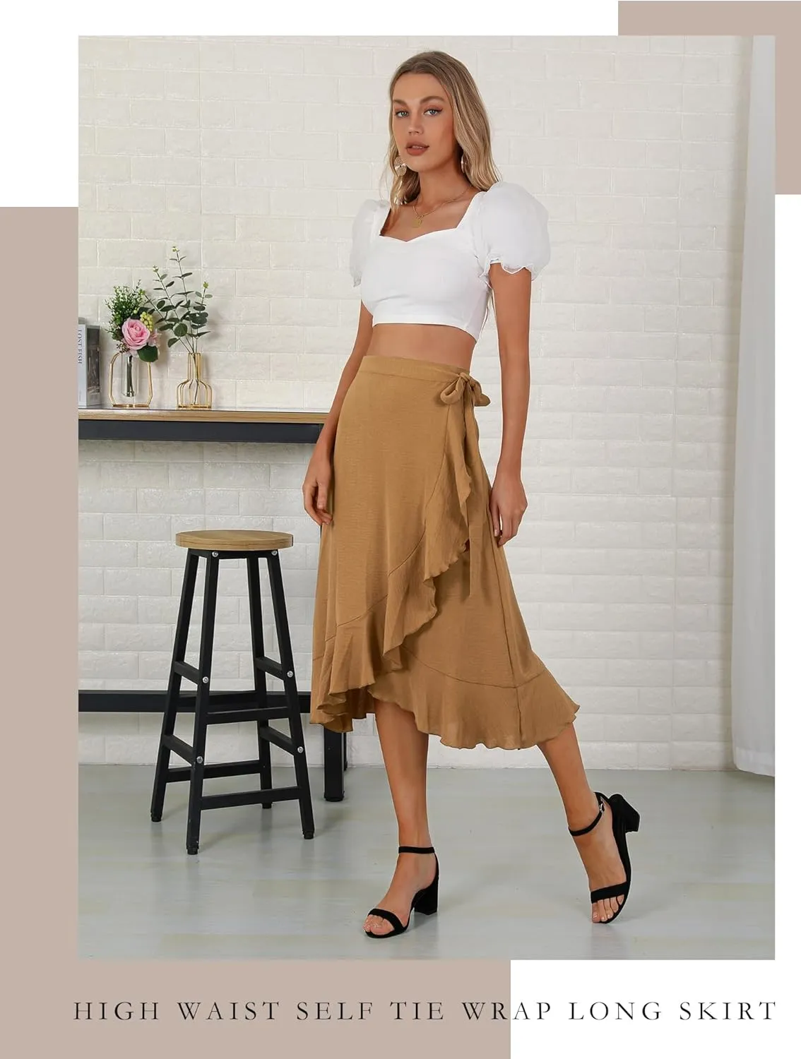 Women's Elegant Ruffle Wrap Asymmetrical Tie High Waist Long Skirt A-line Casual Loose Draped Flowy Skirts