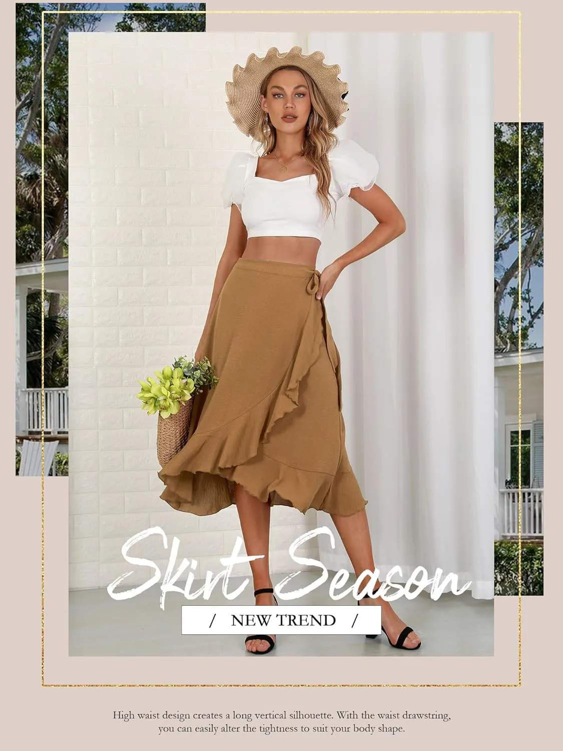 Women's Elegant Ruffle Wrap Asymmetrical Tie High Waist Long Skirt A-line Casual Loose Draped Flowy Skirts