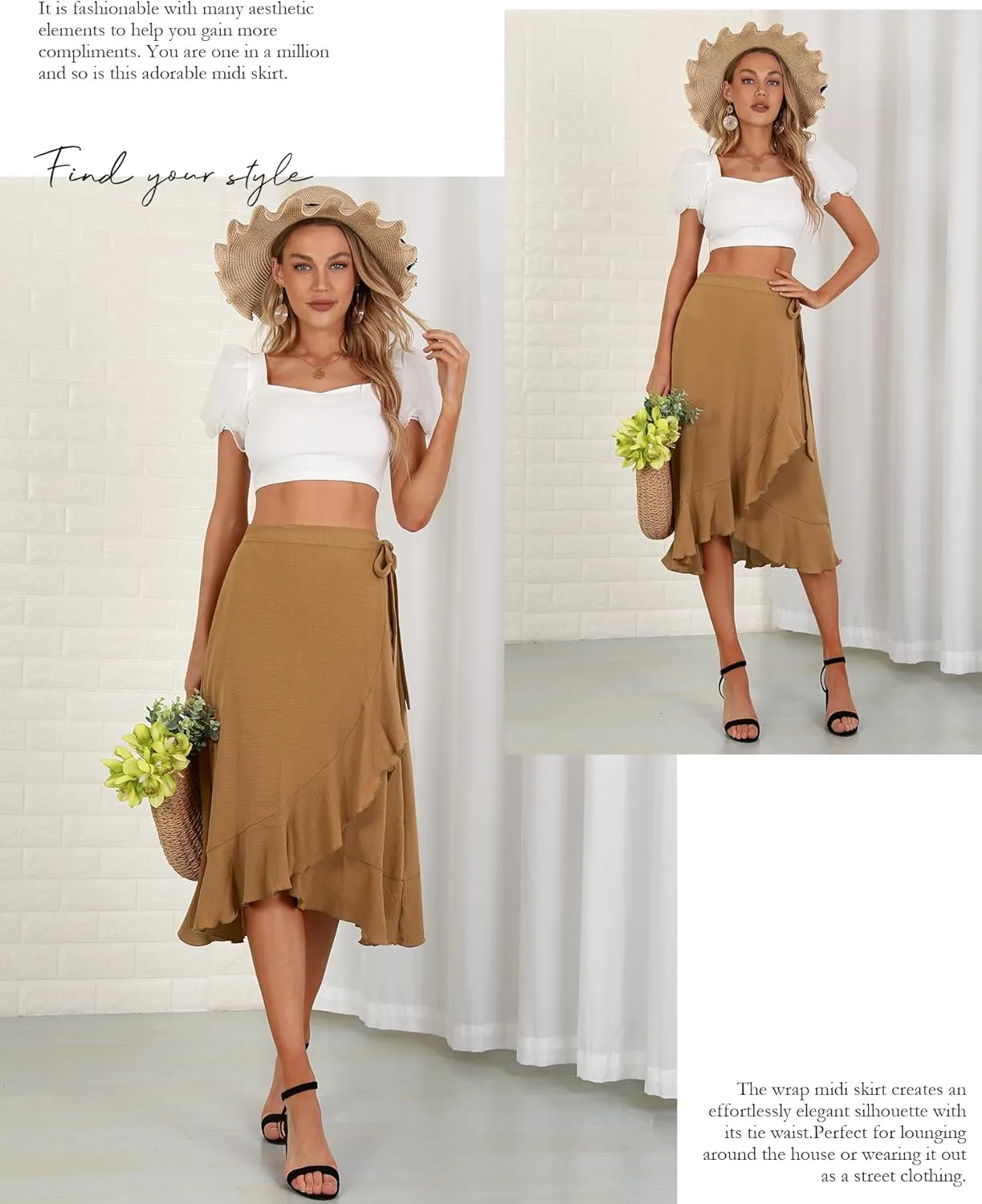Women's Elegant Ruffle Wrap Asymmetrical Tie High Waist Long Skirt A-line Casual Loose Draped Flowy Skirts