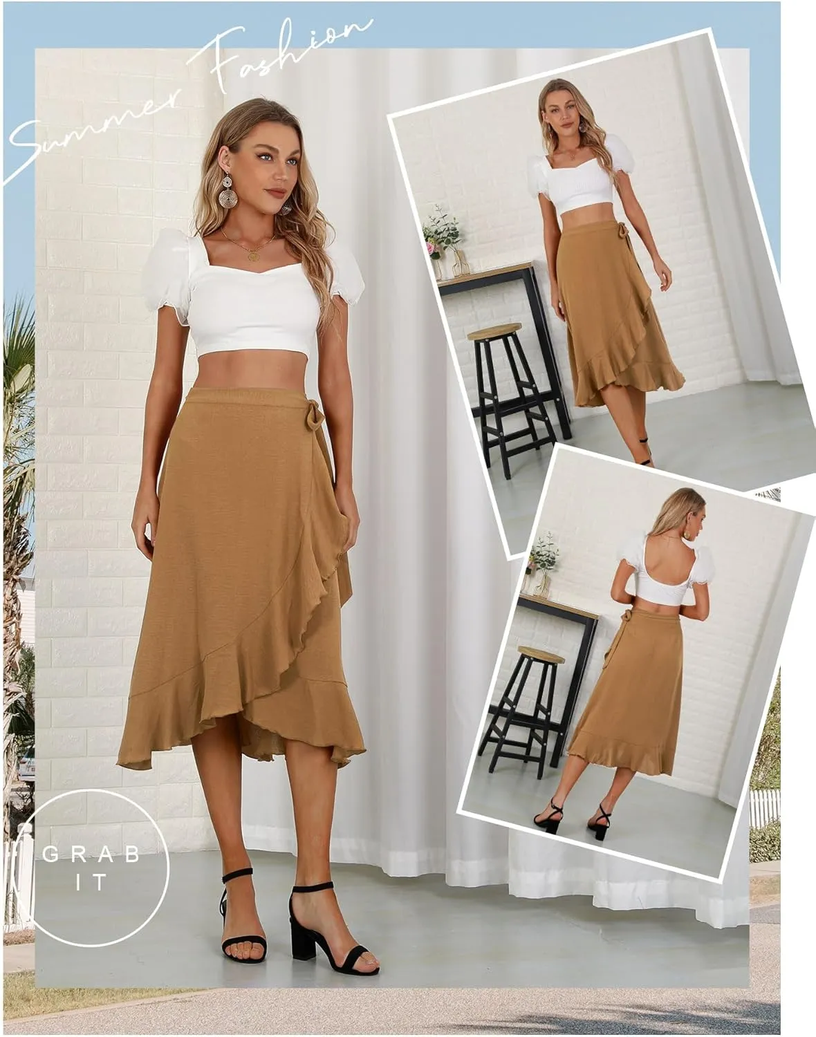 Women's Elegant Ruffle Wrap Asymmetrical Tie High Waist Long Skirt A-line Casual Loose Draped Flowy Skirts