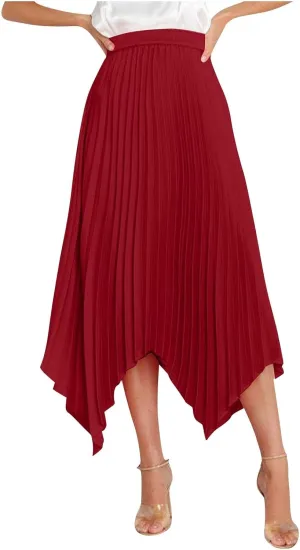 Women's Elegant Skirts High Waisted Pleated A Line Silk Skirts Irregular Flowy Work Skirts Casual Summer Midi Skirts
