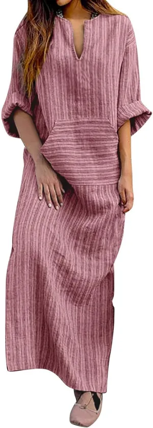 Womens Fall Dresses Casual Midi V Neck Striped Long Sleeve Maxi Dresses Oversized Vacation Long Dress with Pocket Fall Dresses for Women 2024 Red 4X