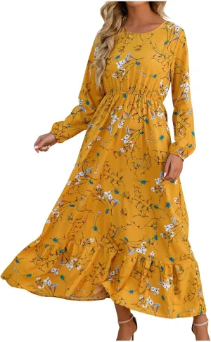 Womens Fall Dresses Plus Size Casual Long Sleeve Dress 2024 Boho Floral Relaxed Fit Elastic Waist Flowy Long Dresses Fall Dresses for Women 2024 Yellow XL