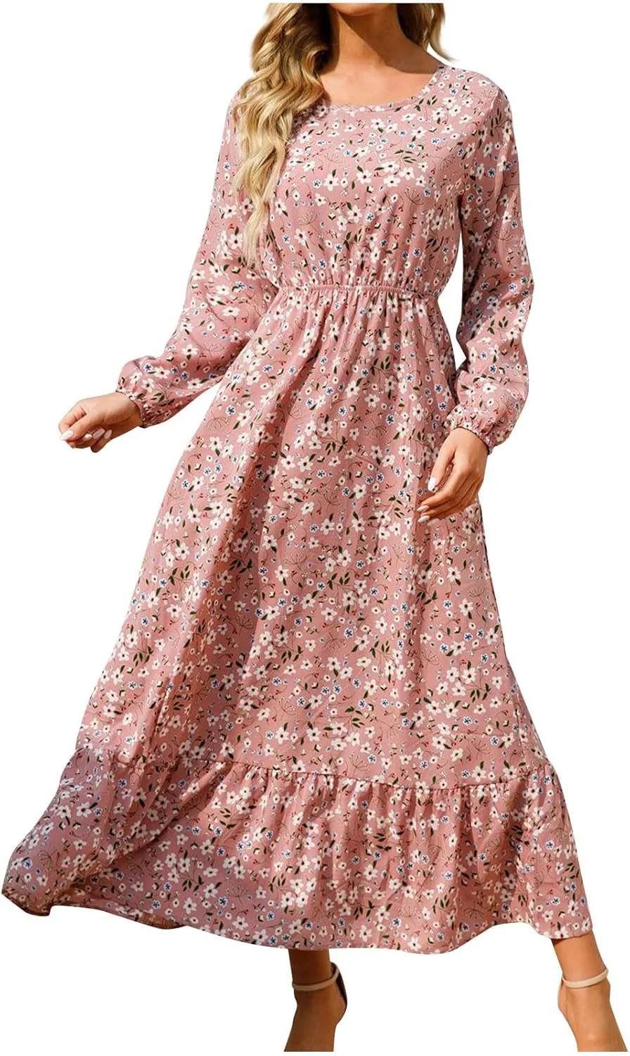 Womens Fall Dresses Plus Size Casual Long Sleeve Dress 2024 Boho Floral Relaxed Fit Elastic Waist Flowy Long Dresses Long Sleeve Dress Pink M