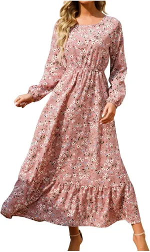 Womens Fall Dresses Plus Size Casual Long Sleeve Dress 2024 Boho Floral Relaxed Fit Elastic Waist Flowy Long Dresses Long Sleeve Dress Pink M