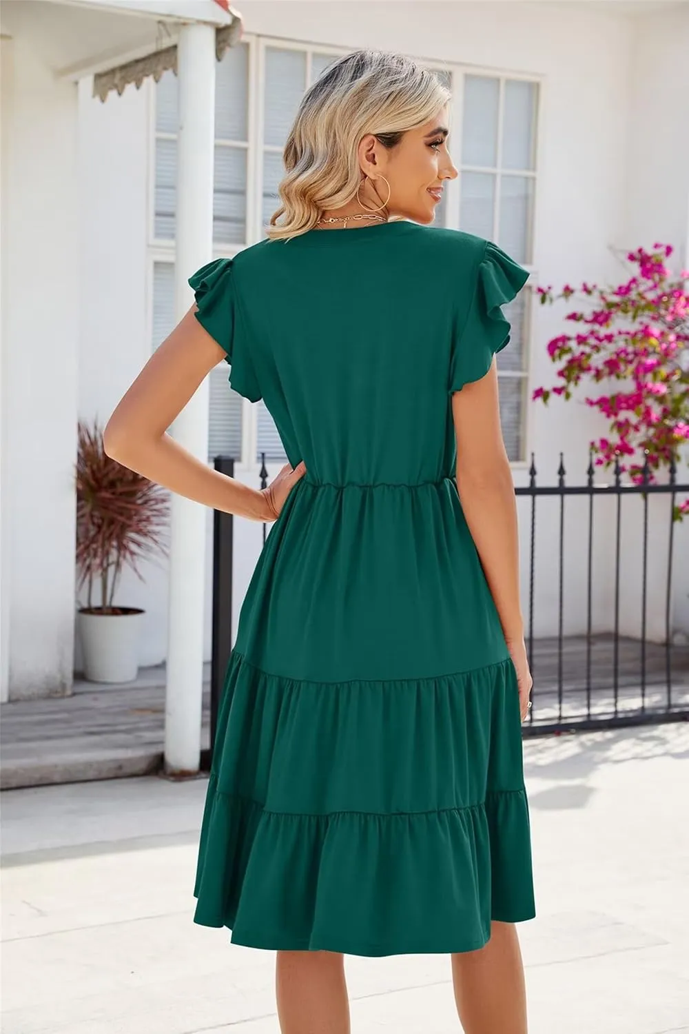 Womens Fashion Summer Dresses Casual Short Sleeve V Neck Mini Dresses Ruffle Boho Dresses Vacation Beach Dresses