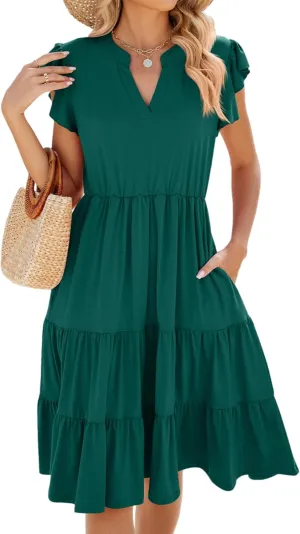 Womens Fashion Summer Dresses Casual Short Sleeve V Neck Mini Dresses Ruffle Boho Dresses Vacation Beach Dresses
