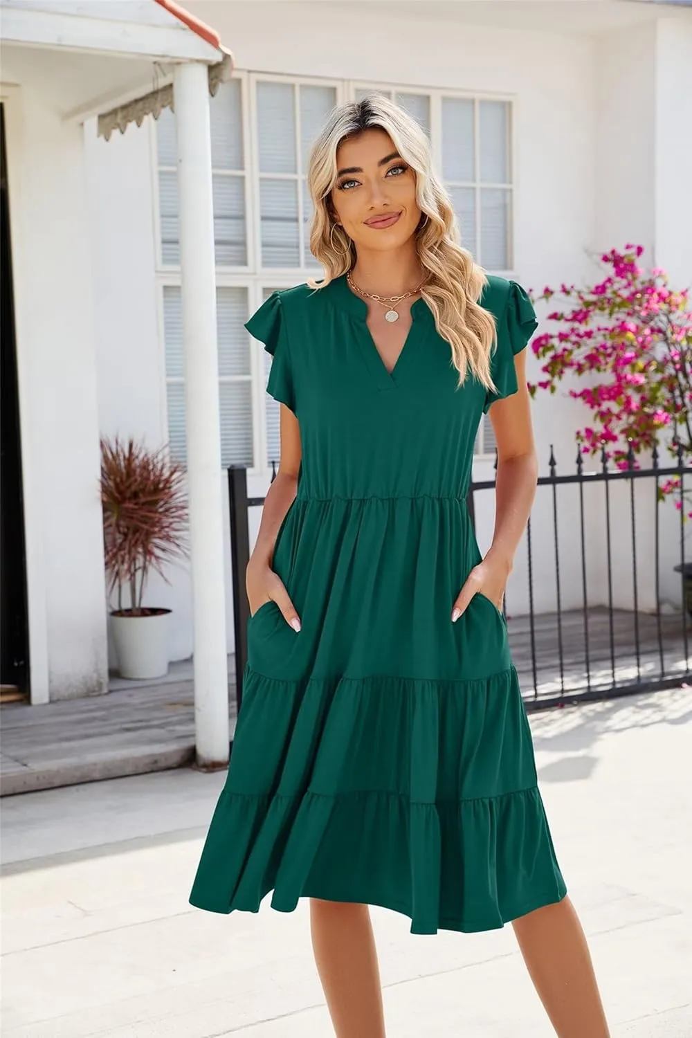 Womens Fashion Summer Dresses Casual Short Sleeve V Neck Mini Dresses Ruffle Boho Dresses Vacation Beach Dresses