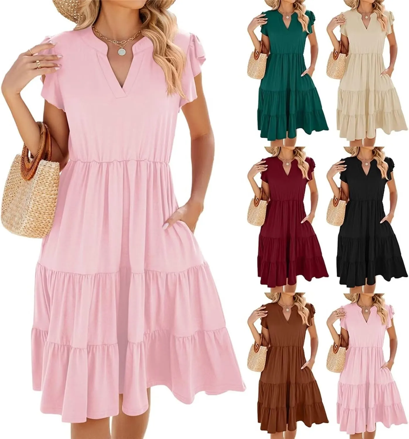 Womens Fashion Summer Dresses Casual Short Sleeve V Neck Mini Dresses Ruffle Boho Dresses Vacation Beach Dresses