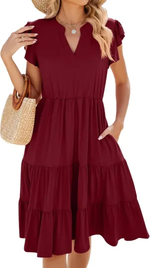 Womens Fashion Summer Dresses Casual Short Sleeve V Neck Mini Dresses Ruffle Boho Dresses Vacation Beach Dresses