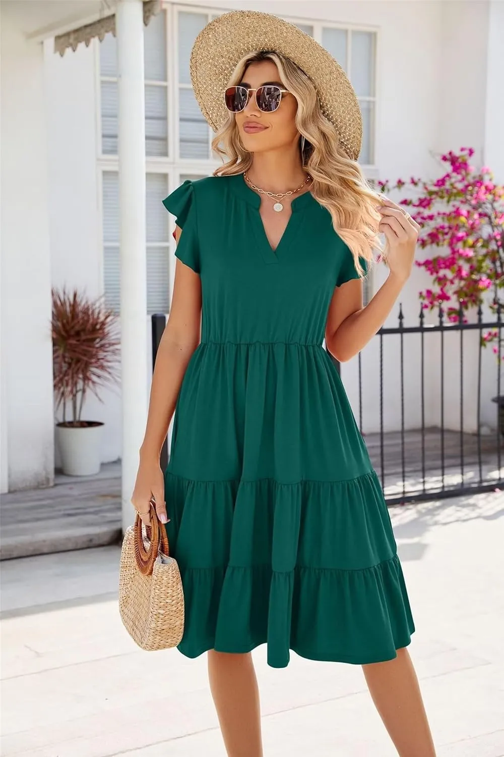 Womens Fashion Summer Dresses Casual Short Sleeve V Neck Mini Dresses Ruffle Boho Dresses Vacation Beach Dresses