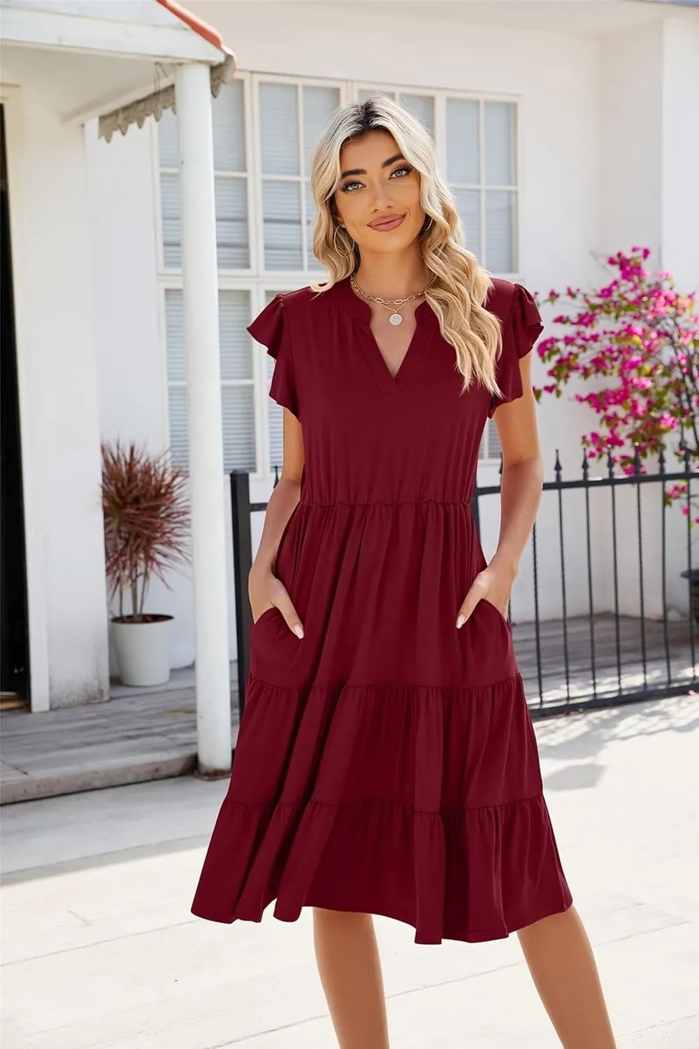 Womens Fashion Summer Dresses Casual Short Sleeve V Neck Mini Dresses Ruffle Boho Dresses Vacation Beach Dresses
