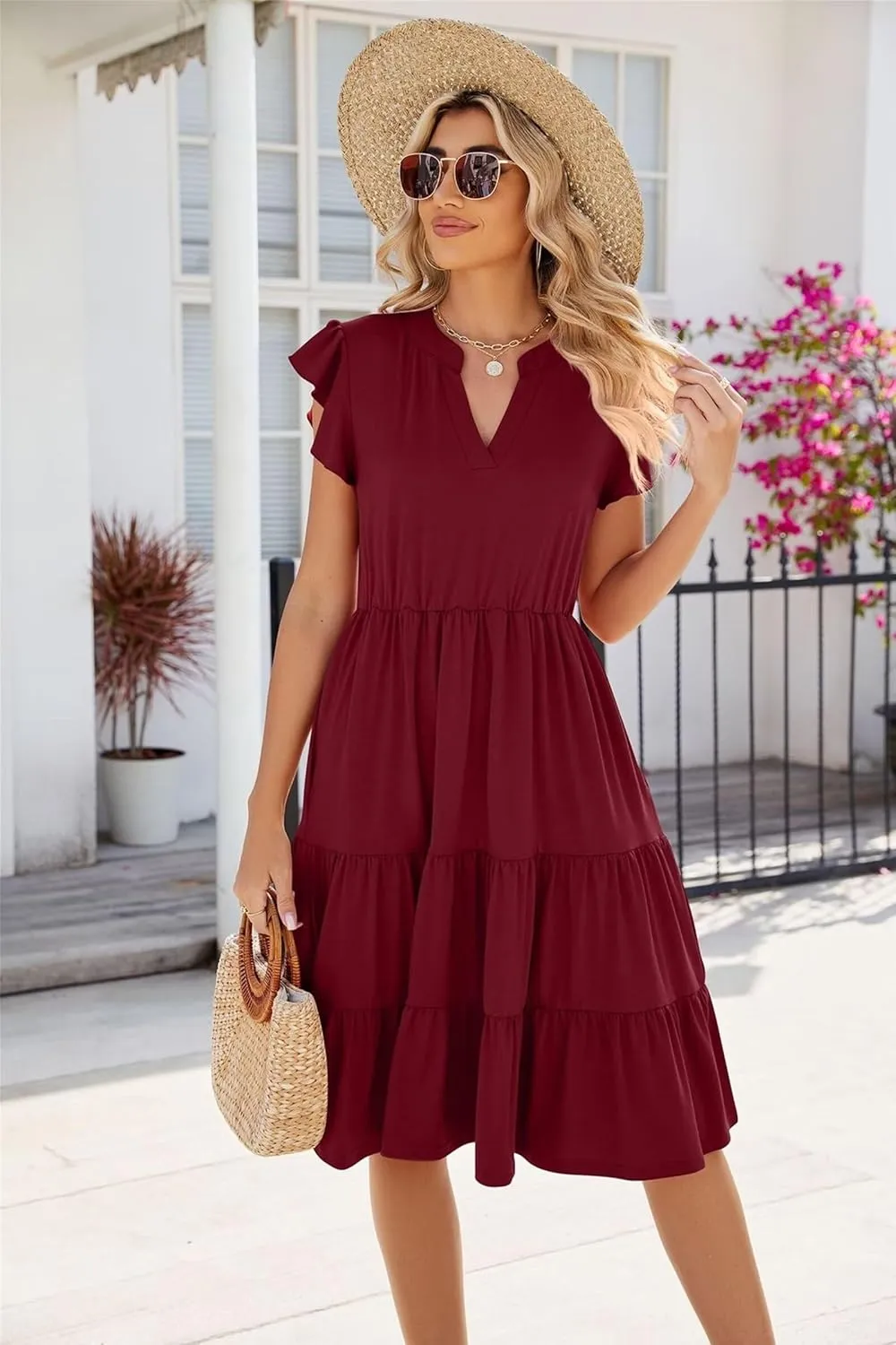 Womens Fashion Summer Dresses Casual Short Sleeve V Neck Mini Dresses Ruffle Boho Dresses Vacation Beach Dresses