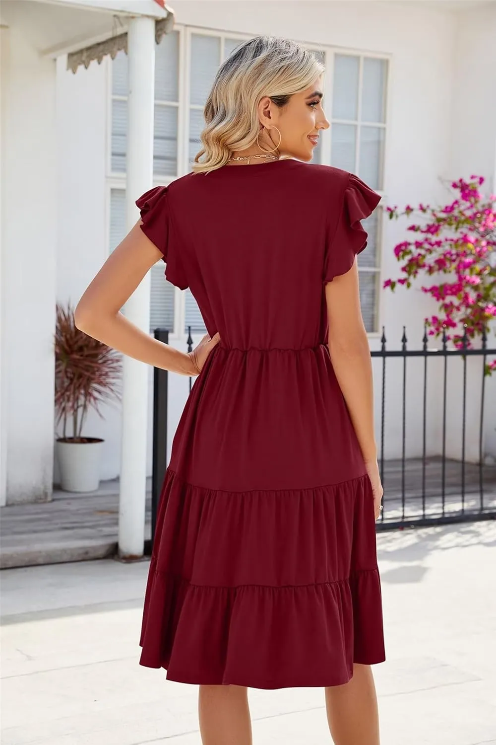 Womens Fashion Summer Dresses Casual Short Sleeve V Neck Mini Dresses Ruffle Boho Dresses Vacation Beach Dresses