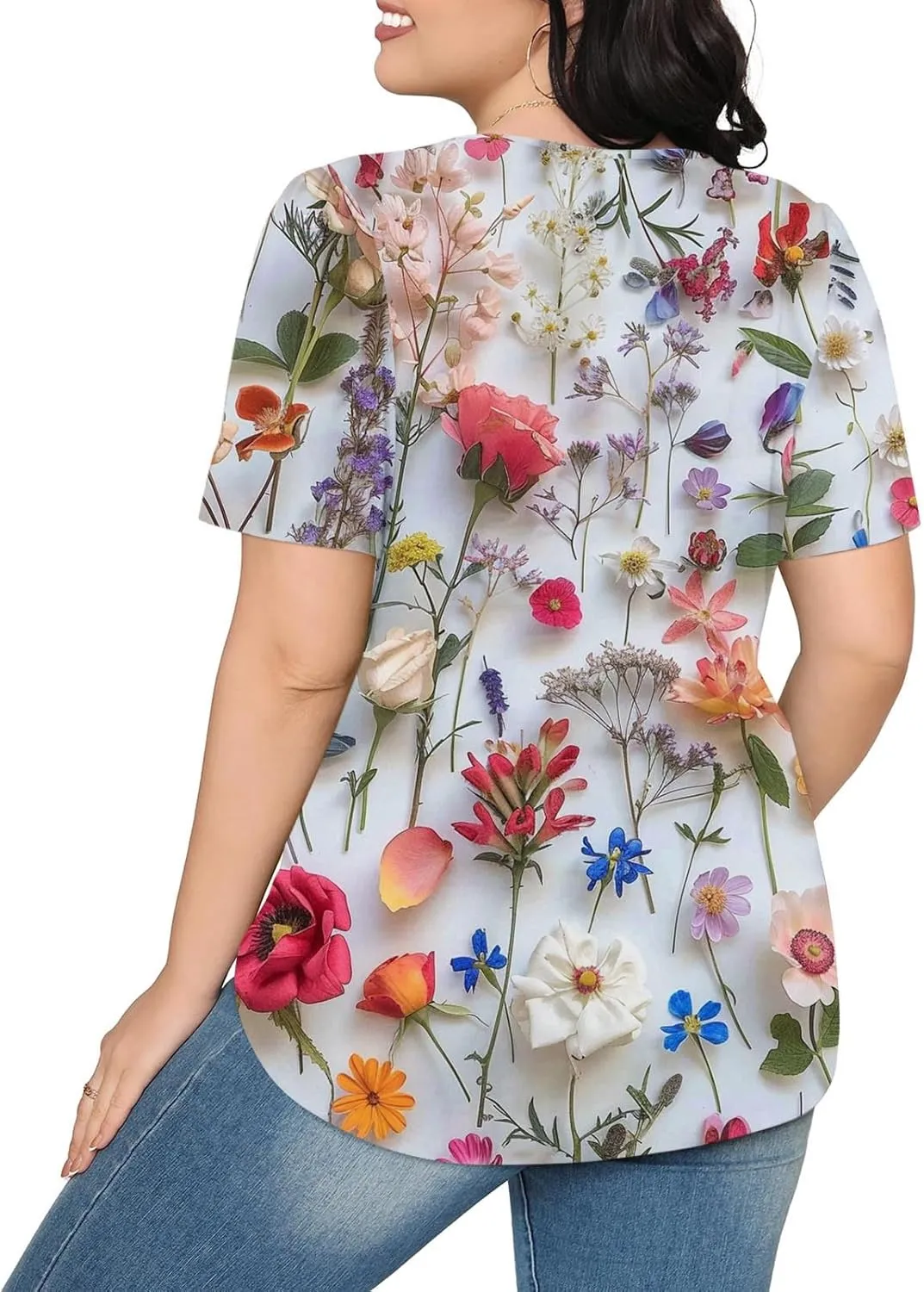 Womens Floral Tops Dressy Casual Pleated Flowy Tunic Tops Plus Size Crew Neck Tops Summer Oversized Shirts Blouse