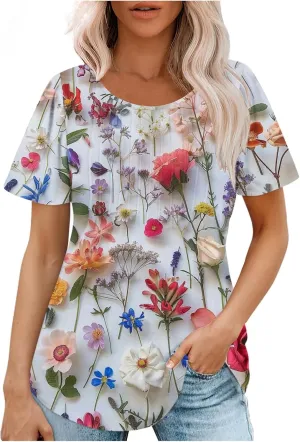 Womens Floral Tops Dressy Casual Pleated Flowy Tunic Tops Plus Size Crew Neck Tops Summer Oversized Shirts Blouse