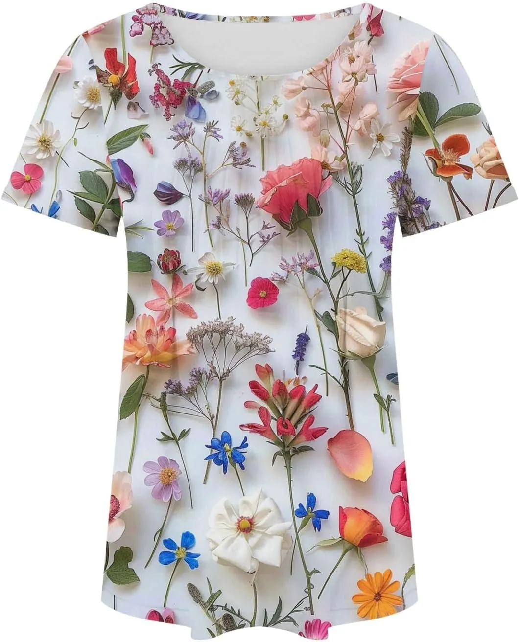 Womens Floral Tops Dressy Casual Pleated Flowy Tunic Tops Plus Size Crew Neck Tops Summer Oversized Shirts Blouse
