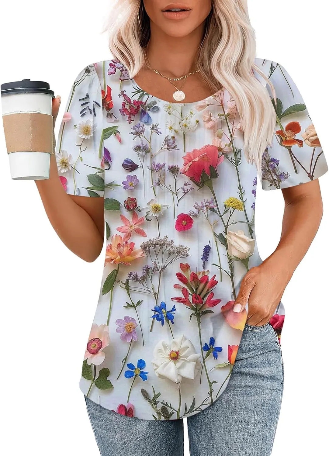Womens Floral Tops Dressy Casual Pleated Flowy Tunic Tops Plus Size Crew Neck Tops Summer Oversized Shirts Blouse