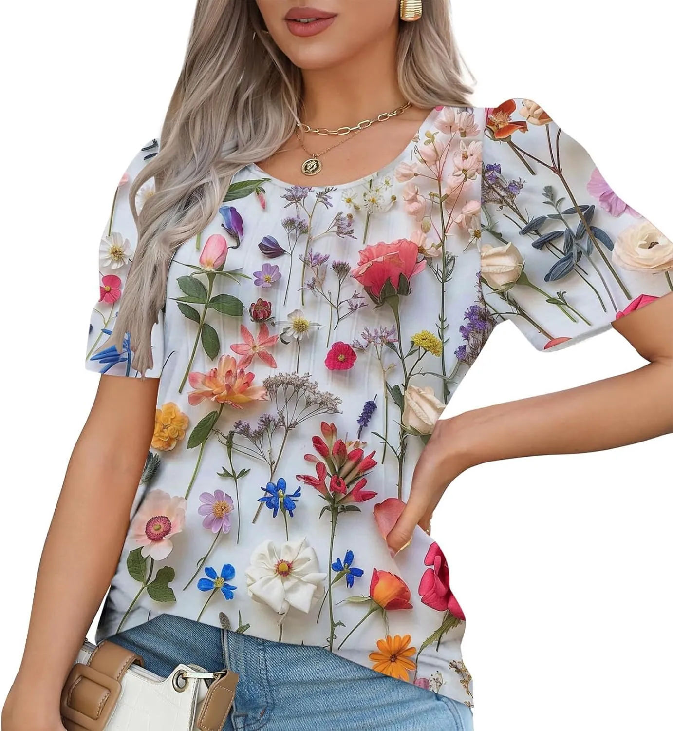 Womens Floral Tops Dressy Casual Pleated Flowy Tunic Tops Plus Size Crew Neck Tops Summer Oversized Shirts Blouse