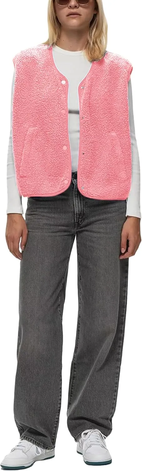 Womens Fuzzy Fleece Vest Casual Sleeveless Sherpa Jacket Warm Button Down Gilet Winter Outwear with Pockets