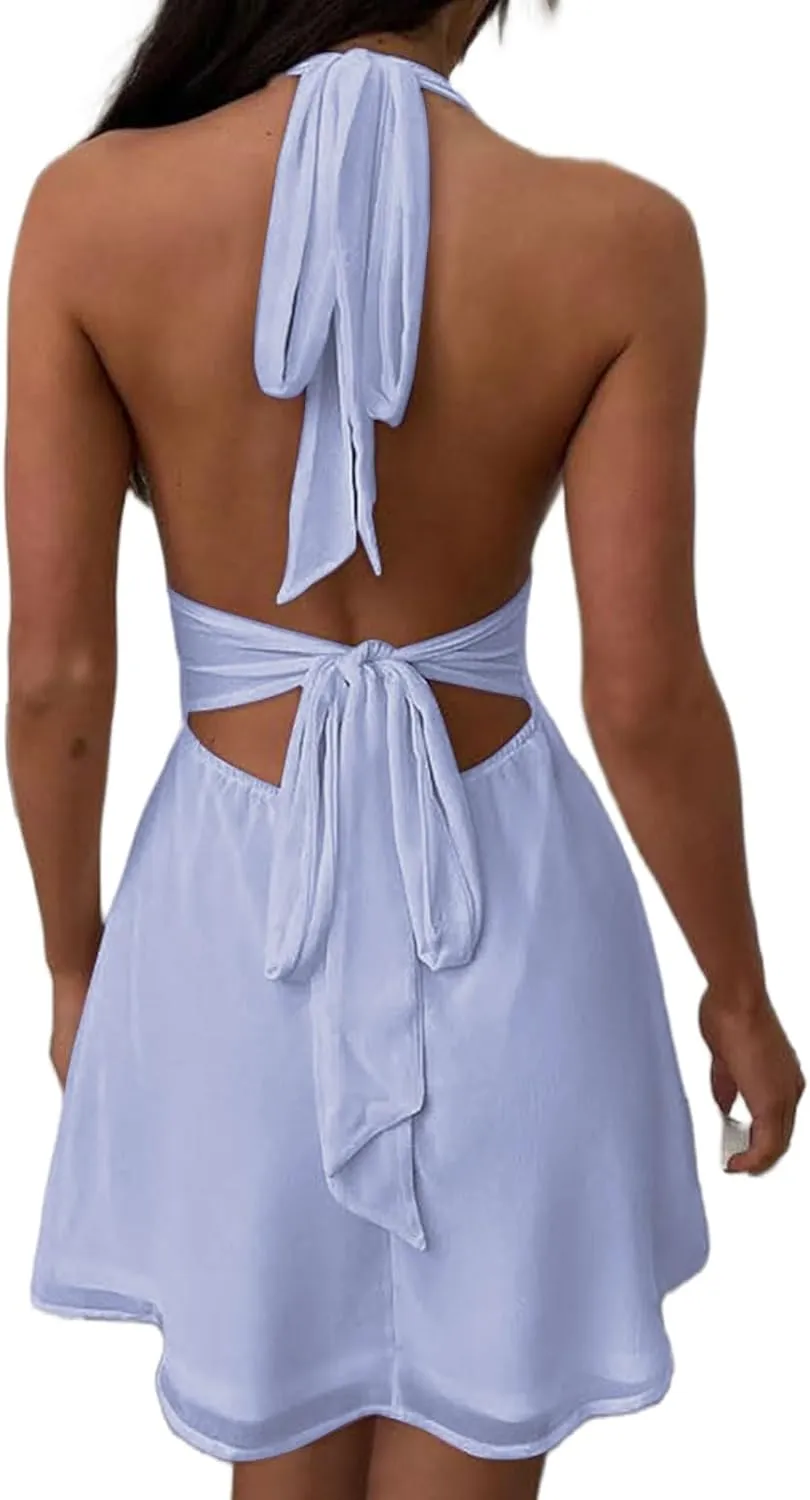 Women's Halter Deep V Neck Summer Mini Dress Sexy Flowy Chiffon Bow Tie Backless Bodycon Party Dresses