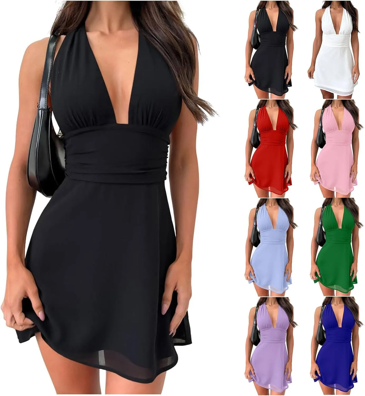 Women's Halter Deep V Neck Summer Mini Dress Sexy Flowy Chiffon Bow Tie Backless Bodycon Party Dresses