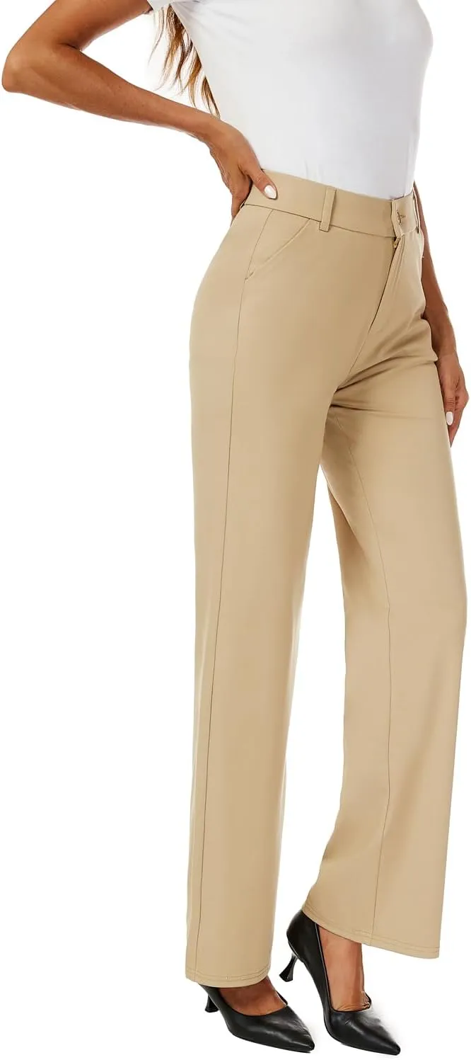 Womens High Waist Wide Straight Leg Trousers Casual Slacks Dress Pants with Pockets