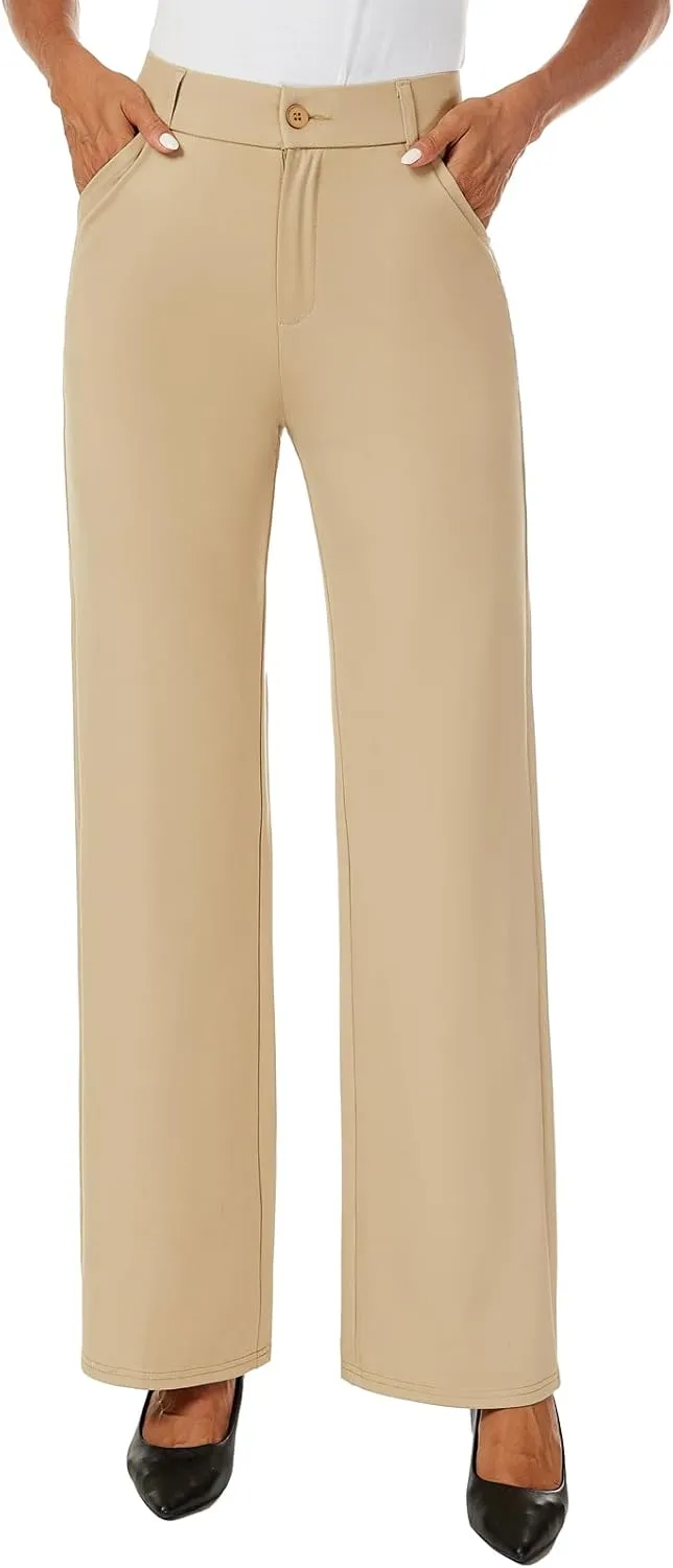 Womens High Waist Wide Straight Leg Trousers Casual Slacks Dress Pants with Pockets