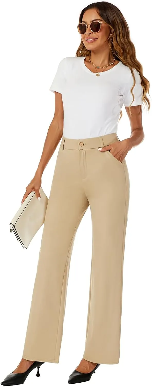 Womens High Waist Wide Straight Leg Trousers Casual Slacks Dress Pants with Pockets